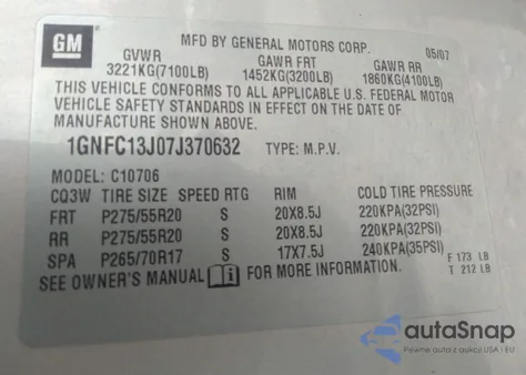 2007 Chevrolet Tahoe Ltz from USA, damaged, VIN 1GNFC13J07J370632